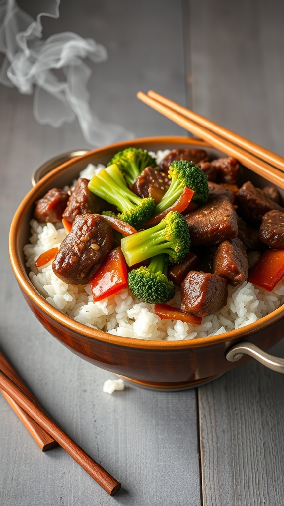 A bowl of beef and broccoli stir-fry with rice, garnished with colorful vegetables.