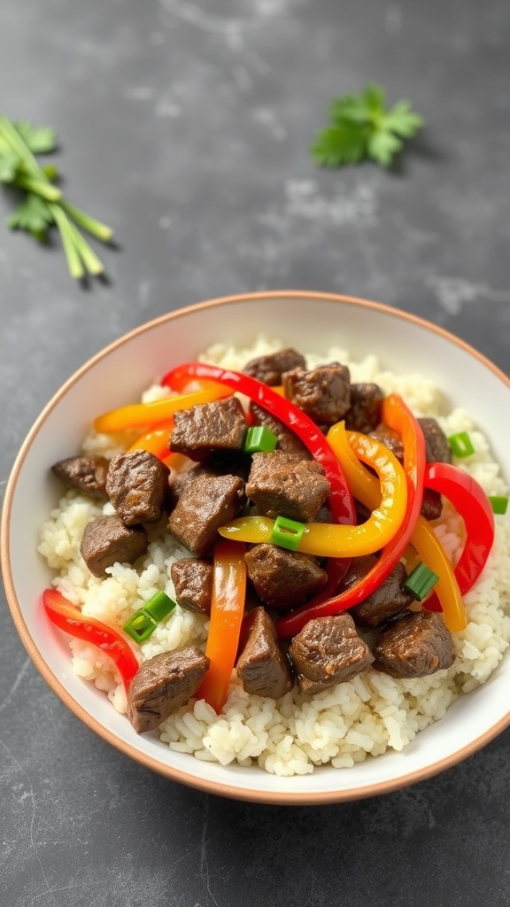 A bowl of beef and cauliflower rice stir-fry with colorful bell peppers and green onions on top.