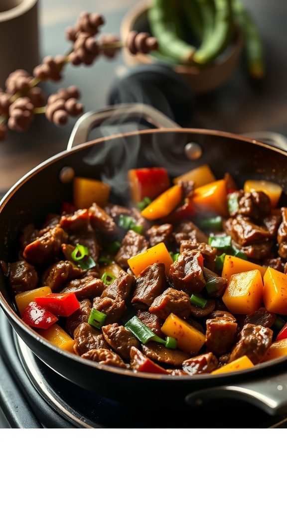 A colorful beef and vegetable stir-fry in a pan, showcasing tender beef and vibrant vegetables.