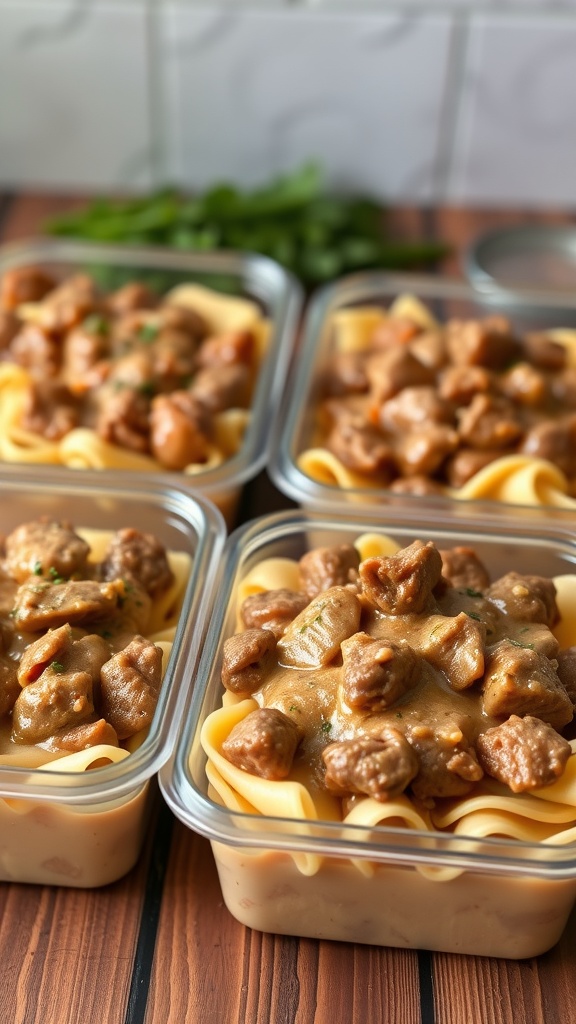 Containers of beef stroganoff with egg noodles, ready for meal prep.