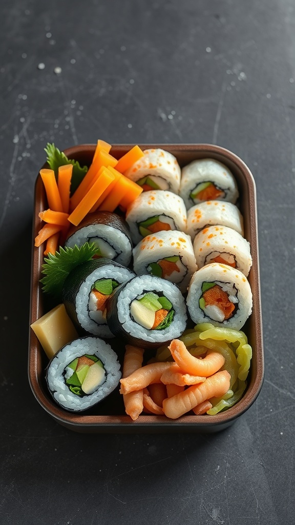 A bento box filled with colorful sushi rolls, carrots, and pickled ginger.