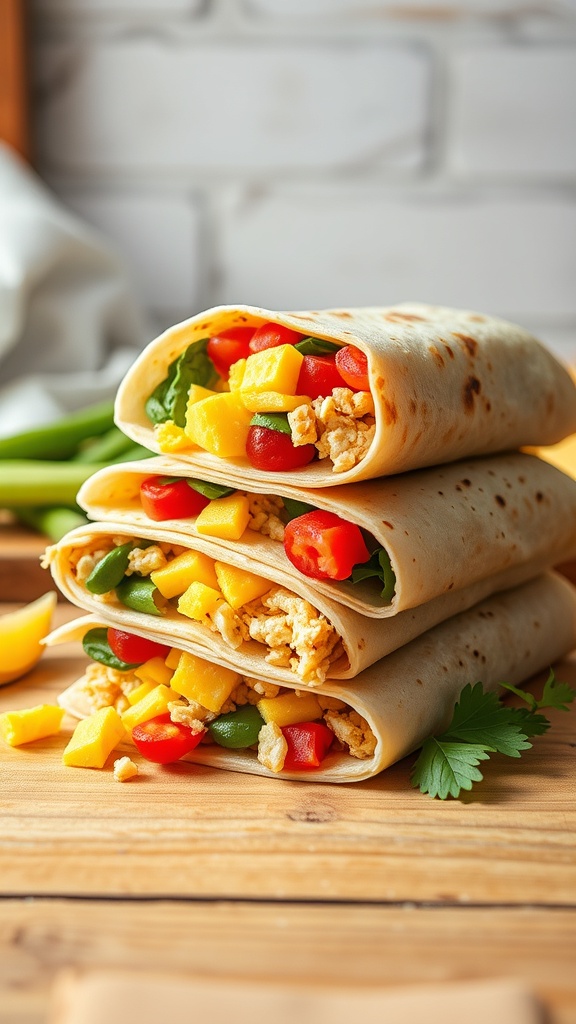 A stack of breakfast burritos filled with scrambled eggs, peppers, spinach, and mango on a wooden table.