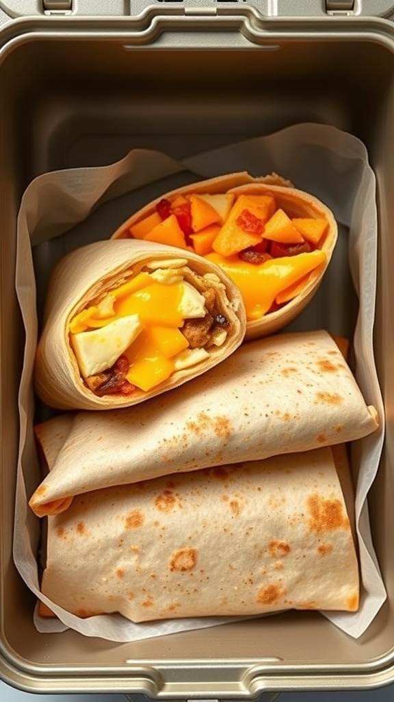 A lunchbox containing breakfast burritos filled with eggs, cheese, and diced vegetables.