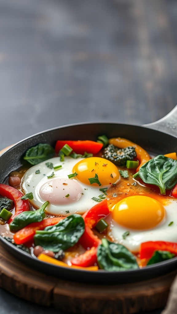 A colorful breakfast skillet with eggs, red and yellow bell peppers, and spinach.