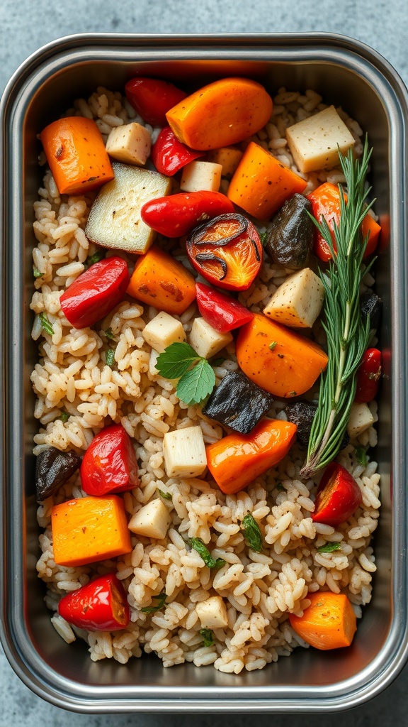 A healthy brown rice and roasted vegetable bowl with colorful veggies.