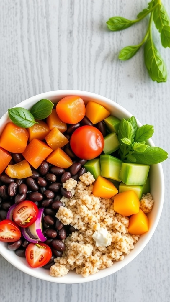 A colorful lunch bowl filled with quinoa, black beans, cherry tomatoes, cucumber, and bell peppers, garnished with fresh basil.