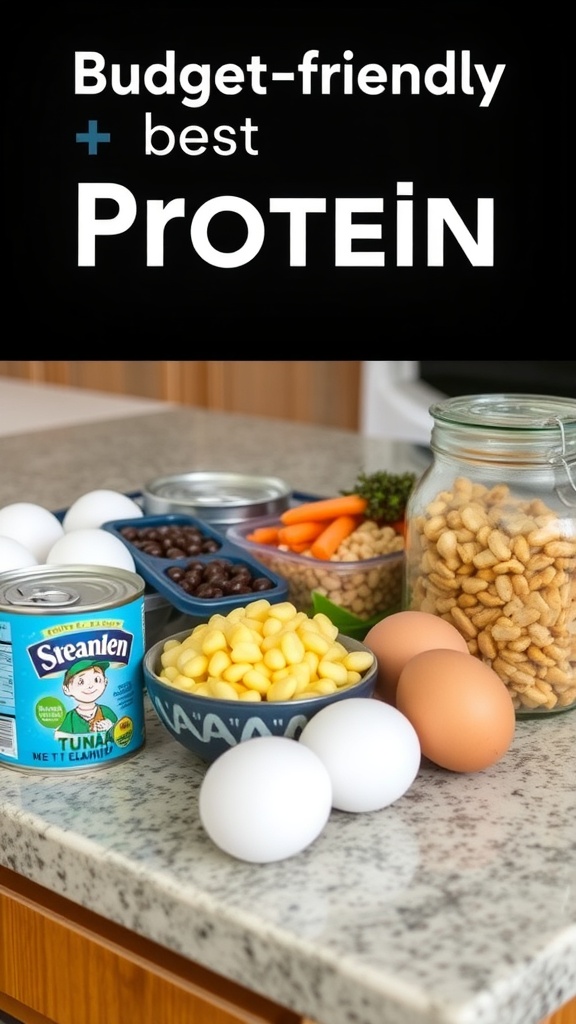 A variety of budget-friendly protein sources including eggs, canned tuna, beans, and corn on a kitchen counter.