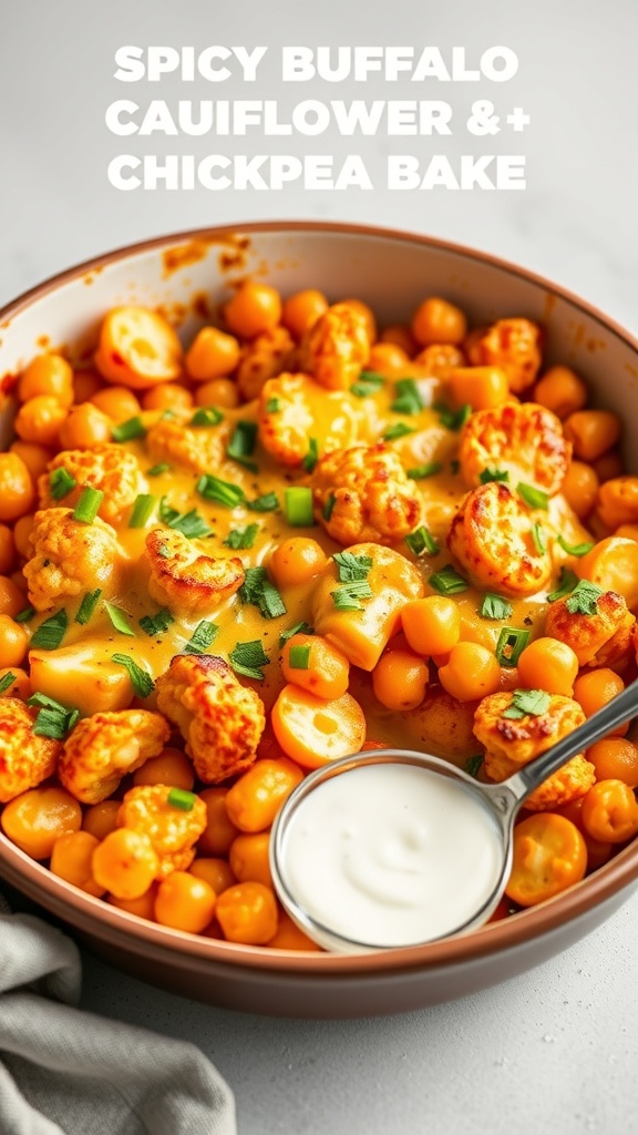 A bowl of spicy buffalo cauliflower and chickpea bake topped with green onions and served with a side of ranch dressing.