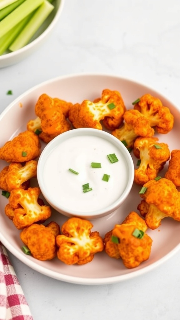 A plate of buffalo cauliflower bites with a creamy dip and celery sticks on the side.