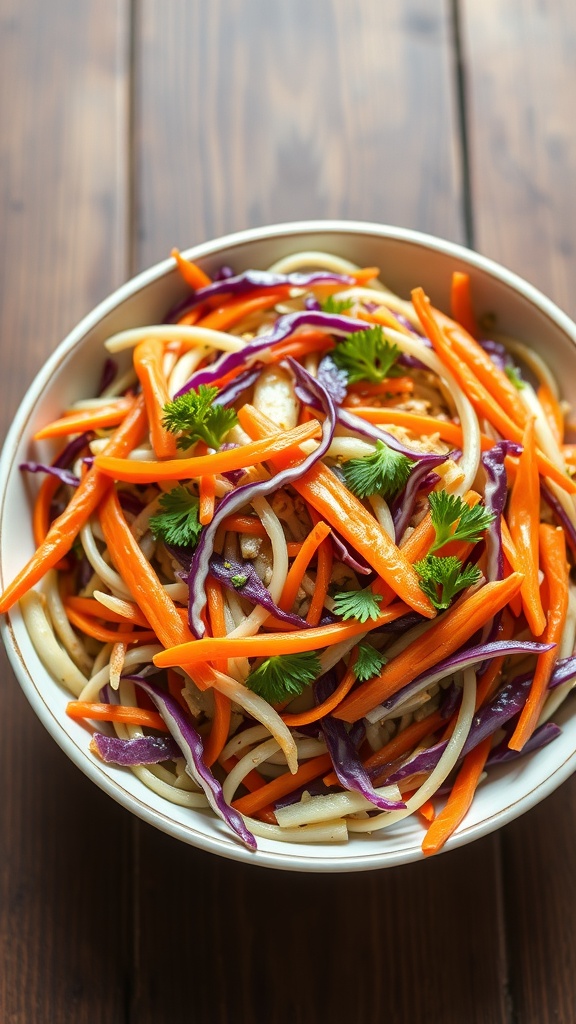 A bowl of colorful cabbage and carrot slaw with apple cider vinegar dressing, garnished with parsley.