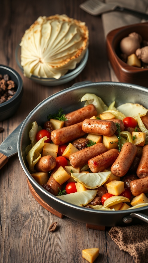 A skillet filled with cabbage, sausage, cherry tomatoes, and diced potatoes, showcasing a colorful and hearty meal.