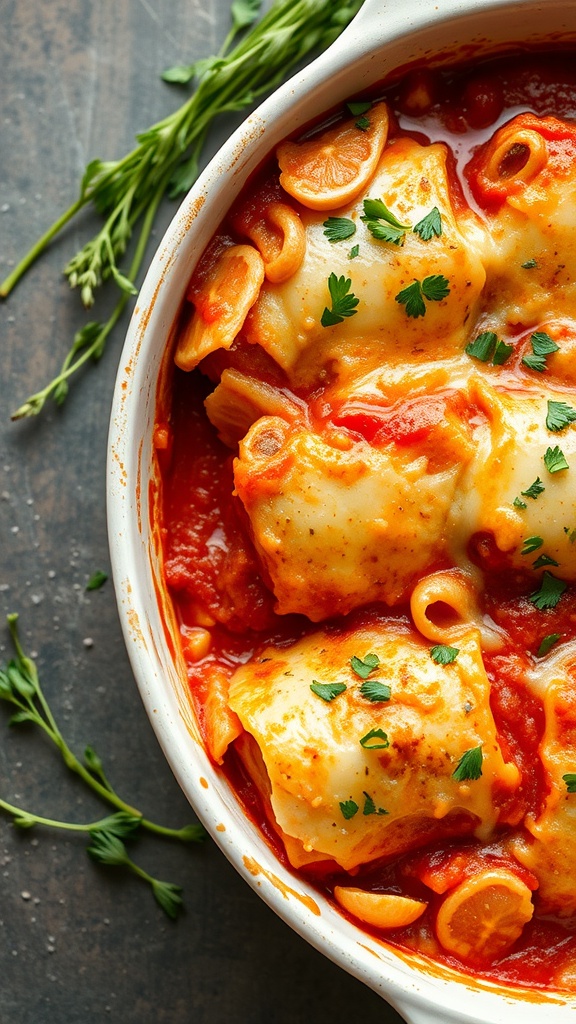 A delicious Cabbage Roll Casserole topped with cheese and garnished with parsley.