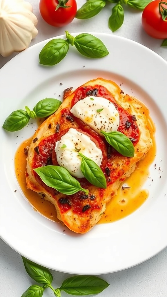 A delicious Caprese Chicken Bake with mozzarella, tomatoes, and basil on a white plate.