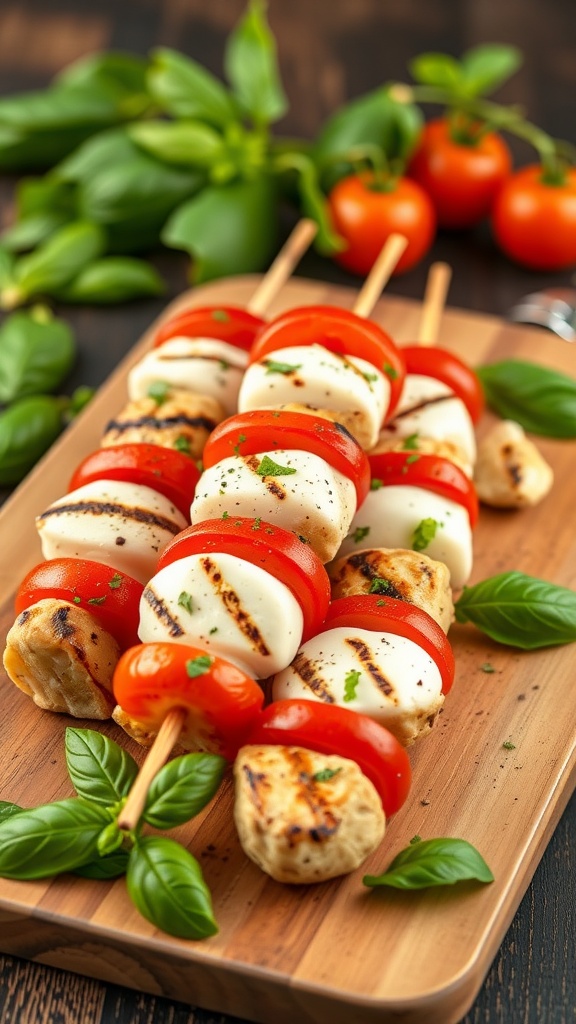 Delicious Caprese Chicken Skewers with tomatoes, mozzarella, and basil on a wooden board