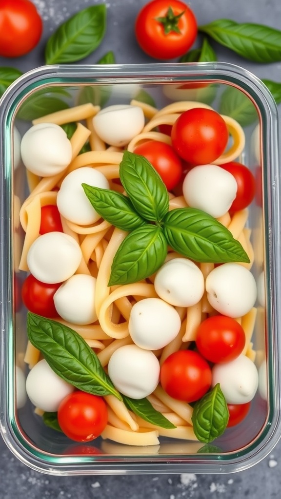 A vibrant Caprese Pasta Salad with cherry tomatoes, mozzarella balls, and fresh basil in a meal prep container.