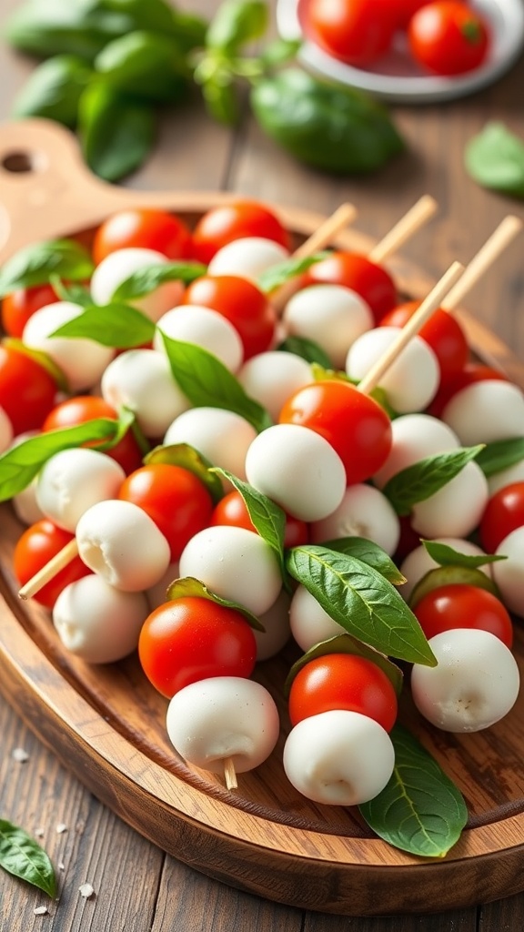 A wooden platter filled with Caprese salad skewers made of cherry tomatoes, mozzarella balls, and fresh basil leaves.