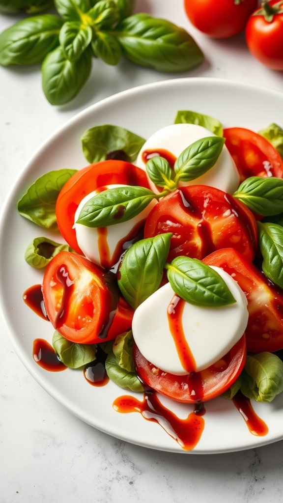 A vibrant Caprese salad with fresh mozzarella, tomatoes, basil, and balsamic glaze.