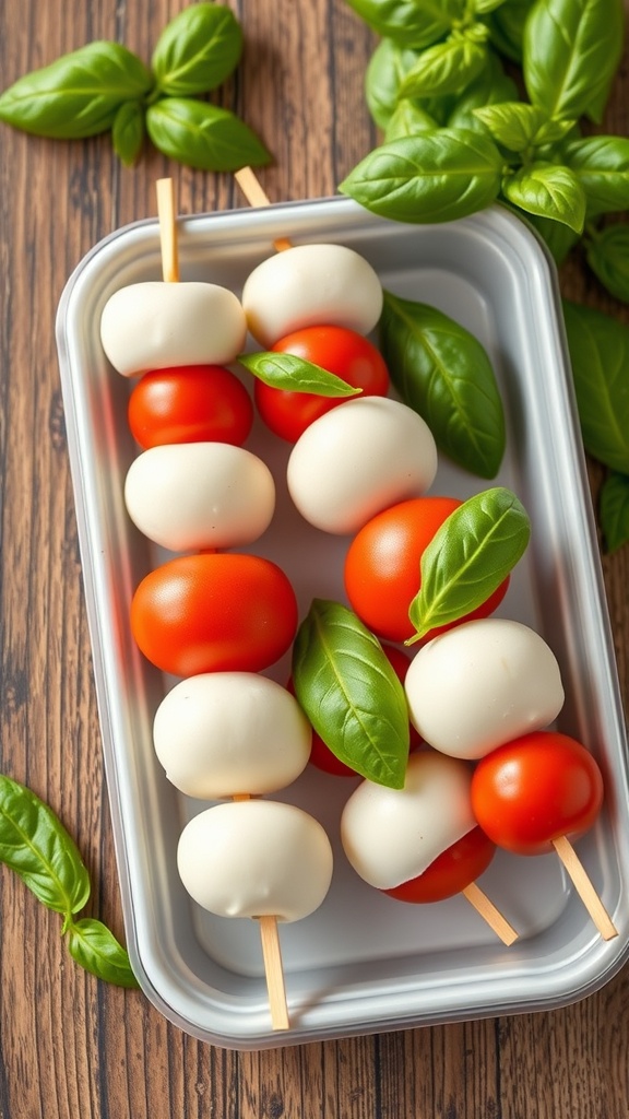 Caprese skewers with cherry tomatoes, mozzarella balls, and fresh basil leaves