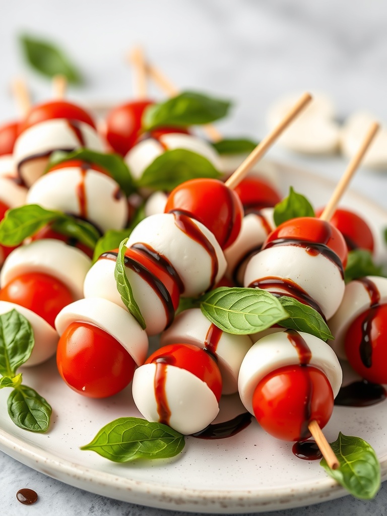 Caprese skewers with cherry tomatoes, mozzarella, and basil drizzled with balsamic glaze.
