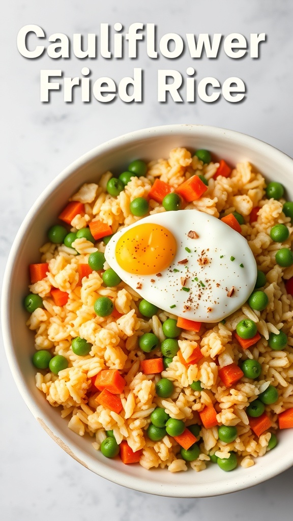 A bowl of cauliflower fried rice topped with a fried egg and colorful vegetables.