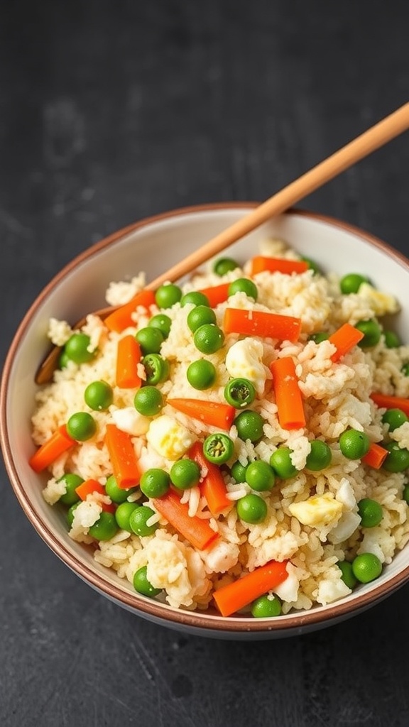 A bowl of colorful cauliflower fried rice with peas and carrots.