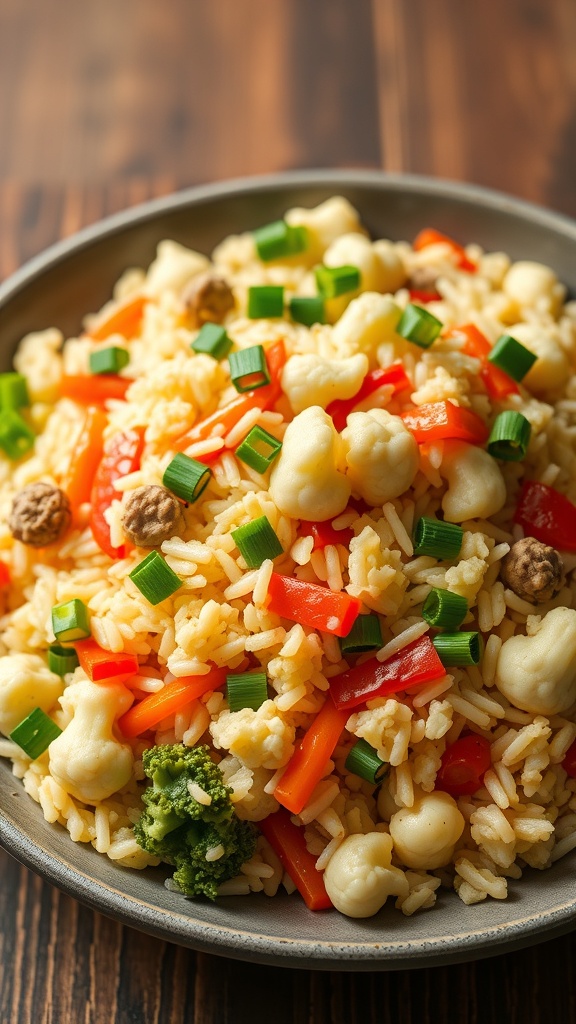 A bowl of cauliflower fried rice with colorful vegetables like red bell peppers and green onions.