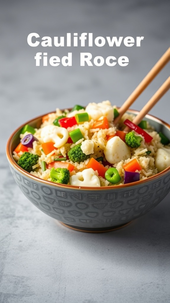 A bowl of colorful cauliflower fried rice with chopsticks