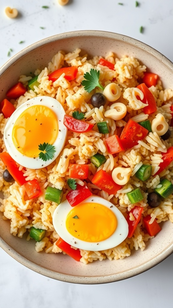 A bowl of cauliflower fried rice with eggs, colorful vegetables, and garnished with cilantro.