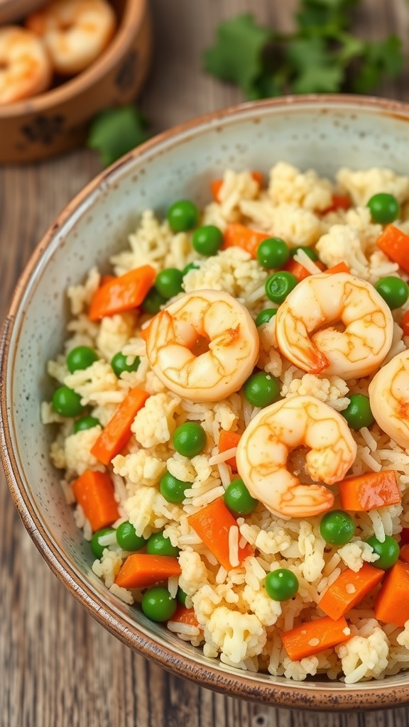 A bowl of cauliflower fried rice with shrimp, peas, and carrots.
