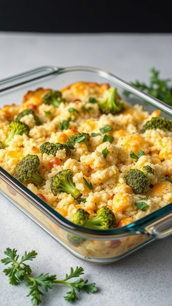 A glass baking dish filled with cheesy broccoli and rice casserole, topped with melted cheese and fresh broccoli florets.