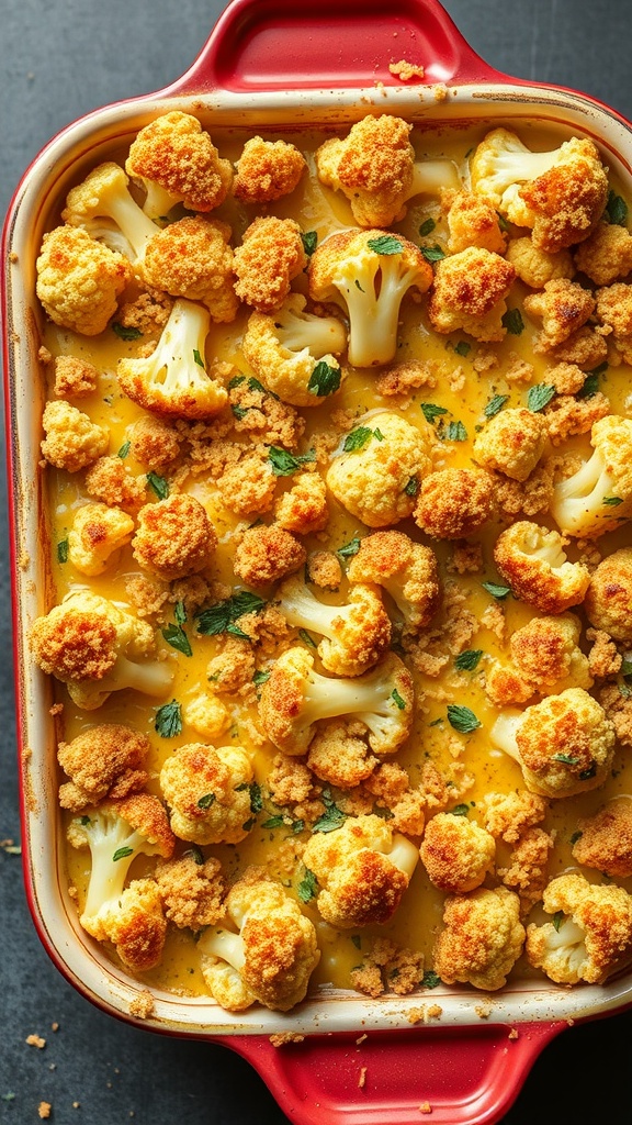 A cheesy cauliflower casserole topped with golden crispy florets and garnished with parsley.