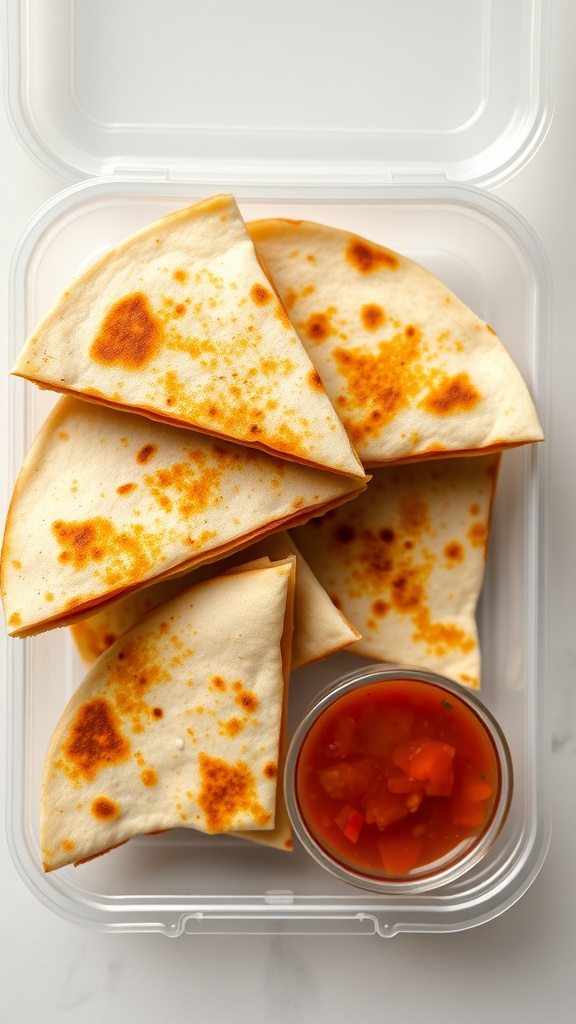 A lunchbox with cheesy quesadilla triangles and a small container of salsa