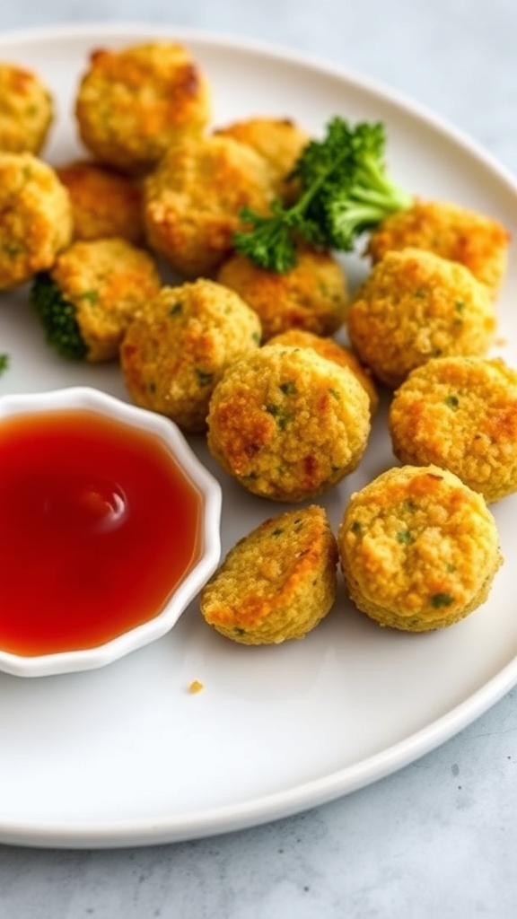 Plate of cheesy quinoa and broccoli bites with a dipping sauce