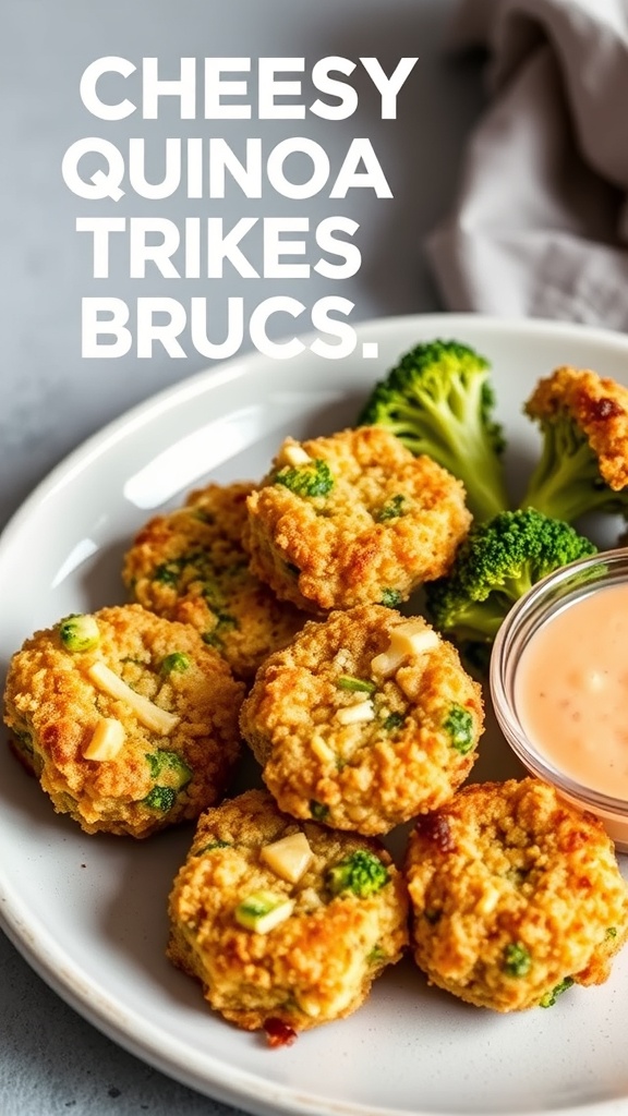 Cheesy Quinoa and Broccoli Bites on a plate with broccoli and dipping sauce