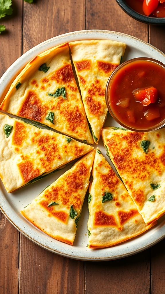 Cheesy spinach quesadillas served with salsa on a wooden table.