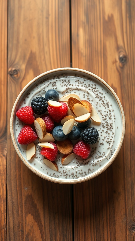 Chia seed pudding topped with fresh berries and almonds in a bowl
