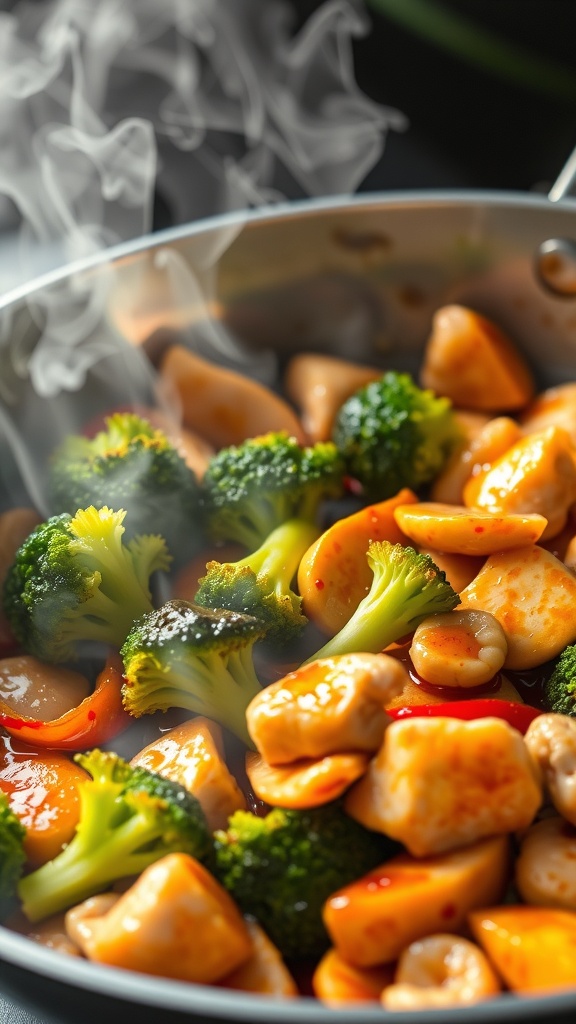 A colorful chicken and broccoli stir-fry in a pan with steam rising.