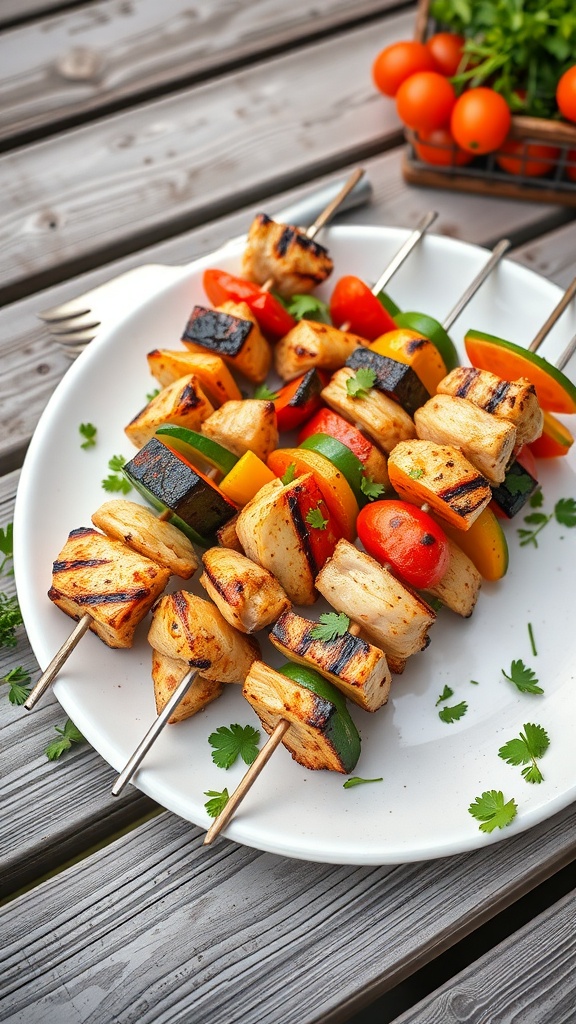 Grilled chicken and veggie skewers on a plate with fresh ingredients in the background