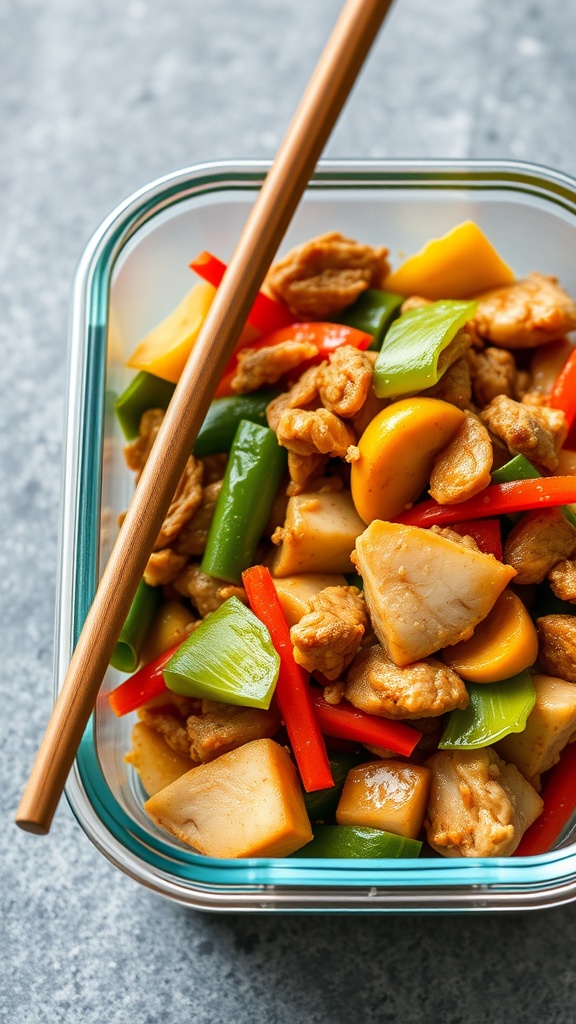 A colorful chicken and veggie stir-fry in a meal prep container with chopsticks.