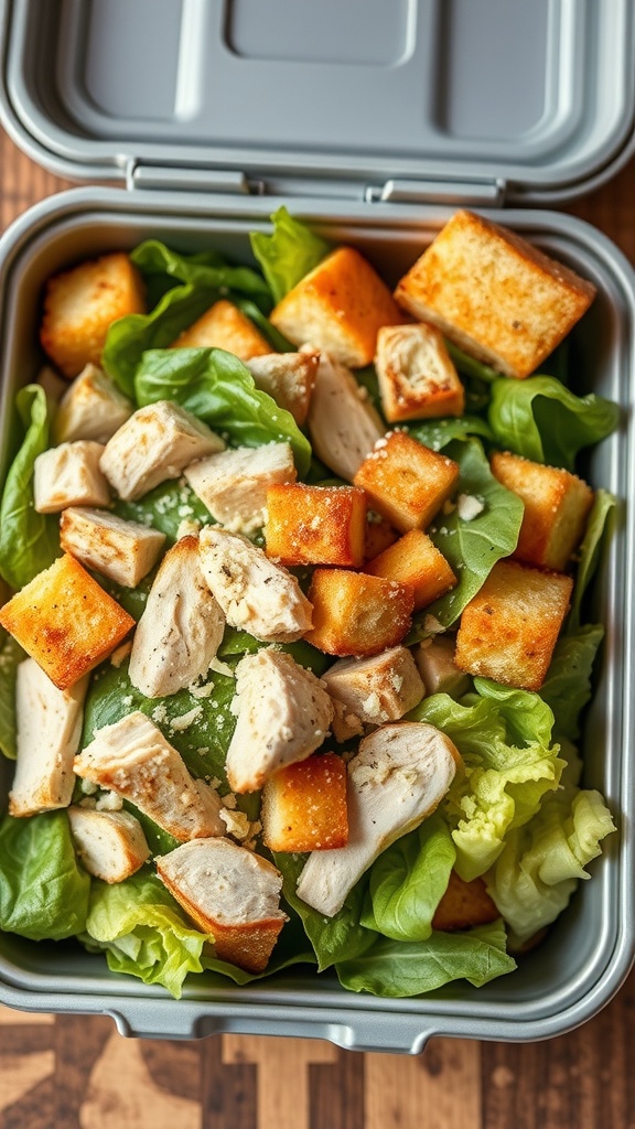 A delicious Chicken Caesar Salad in a lunchbox with grilled chicken, croutons, and fresh greens.