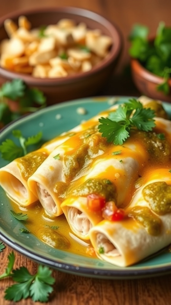 Plate of chicken enchiladas with salsa verde, topped with cheese and cilantro, served with tortilla chips.