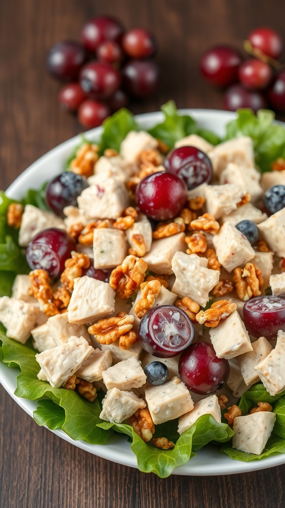 A bowl of chicken salad with grapes and walnuts on a bed of lettuce, garnished with fresh grapes.