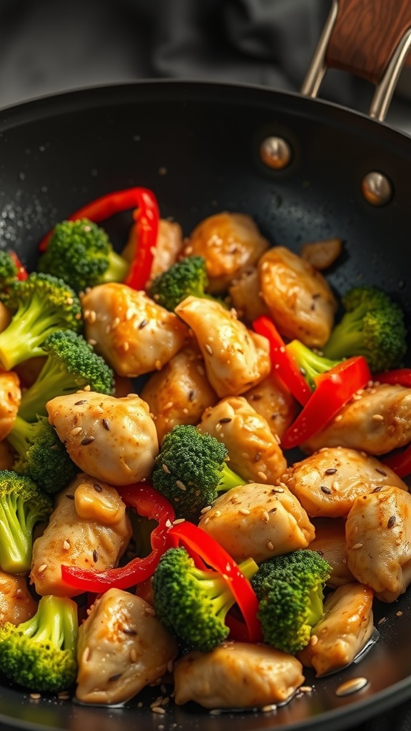 A colorful chicken stir-fry with broccoli and red bell peppers in a black skillet.
