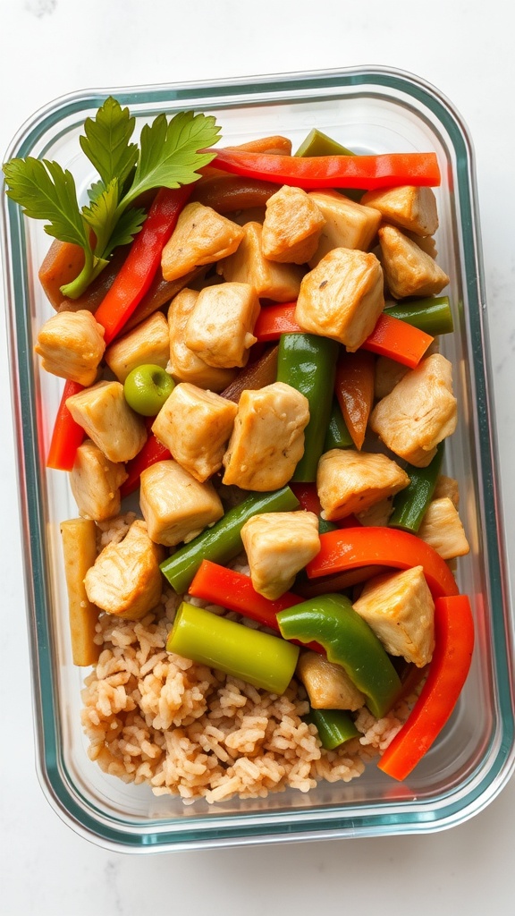 A colorful chicken stir-fry with vegetables served over rice in a glass meal prep container.