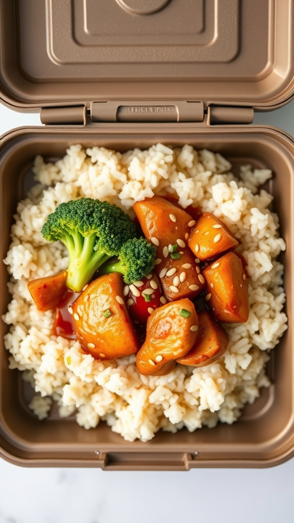 A delicious chicken teriyaki rice bowl with broccoli, served in a lunchbox.