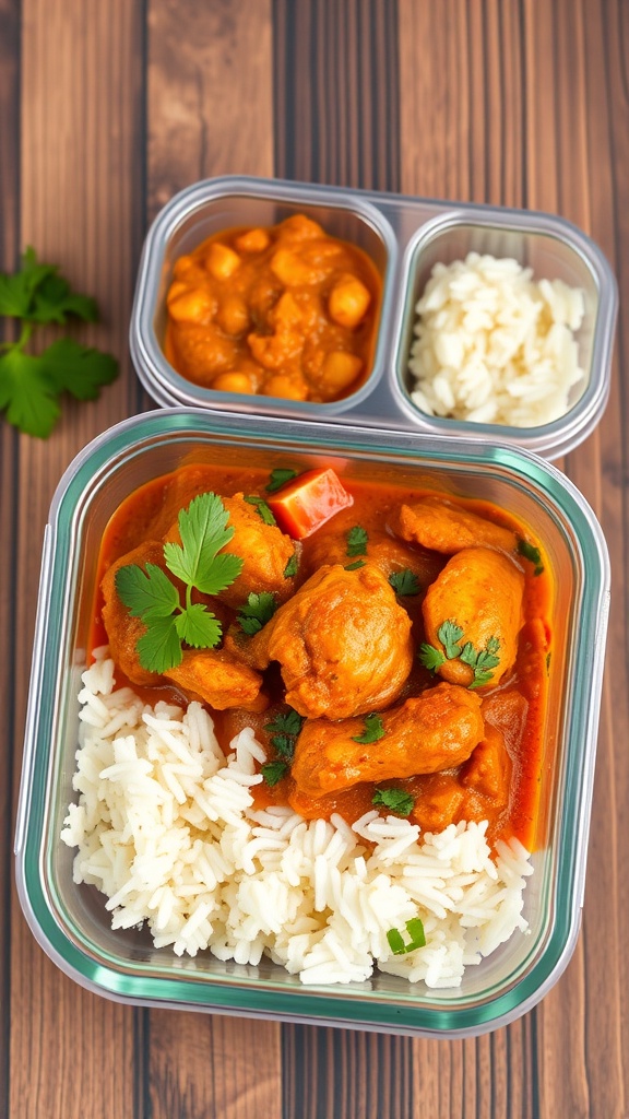 A meal prep container with Chicken Tikka Masala, rice, and fresh herbs.