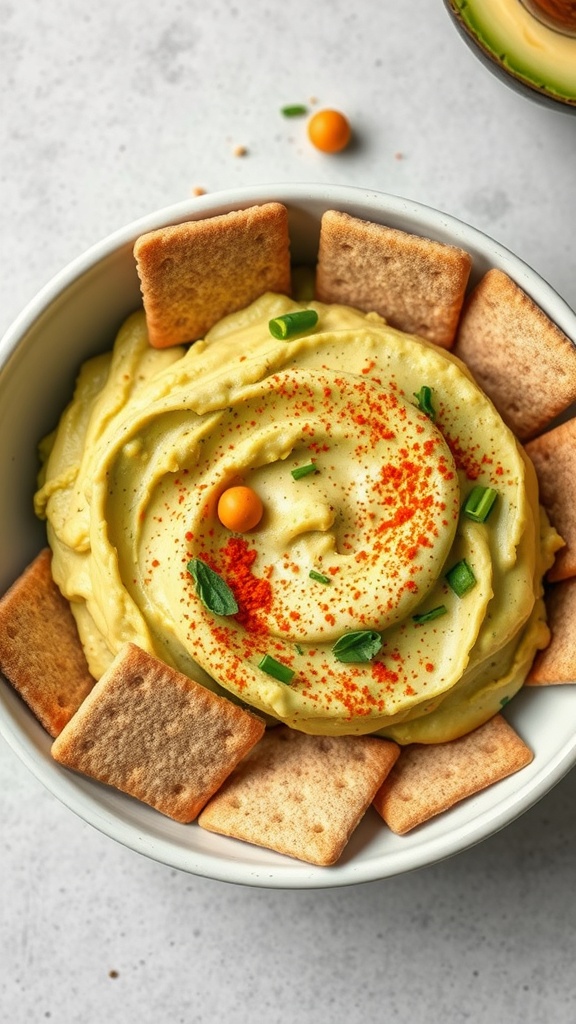 A bowl of chickpea and avocado mash surrounded by crackers, garnished with spices and herbs.