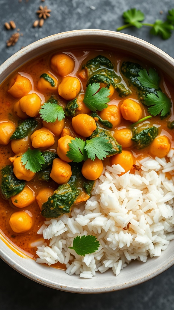 A bowl of chickpea and spinach curry served with rice, garnished with fresh cilantro.