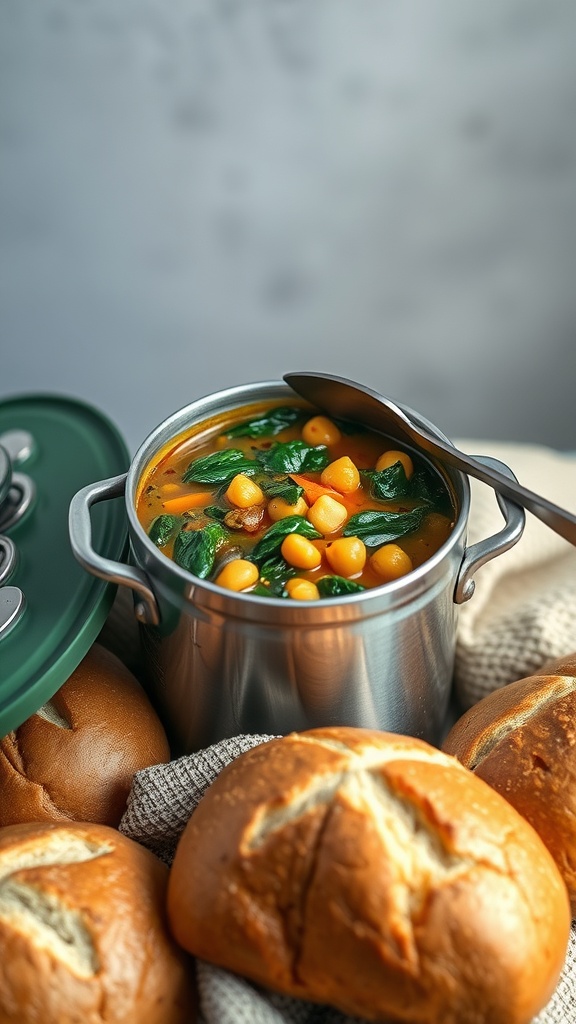 A pot of chickpea and spinach stew with bread rolls