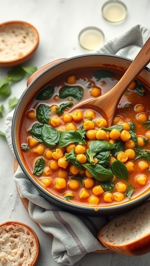 A bowl of chickpea and spinach stew with a wooden spoon, surrounded by fresh ingredients.